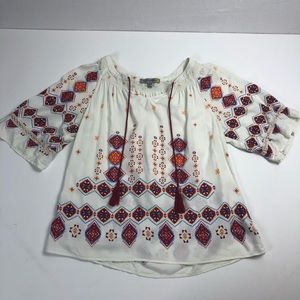 Figueroa & Flower Boho Embroidered Tassel Tunic Blouse White Orange Blue M